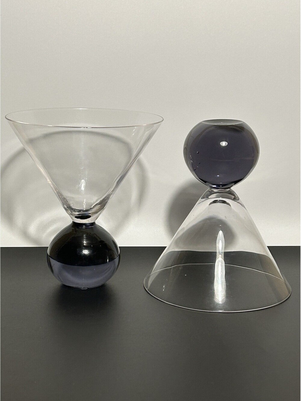 Vintage Pair Of 2 Post Modern Martini Glasses Purple/Gray Handblown Glass 1990’s
